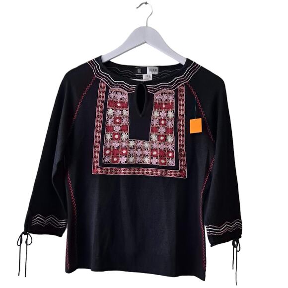 Bill Blass Womens Black Multicolored Embroidered Top w Keyhole Neckline - Size S - Picture 3 of 12